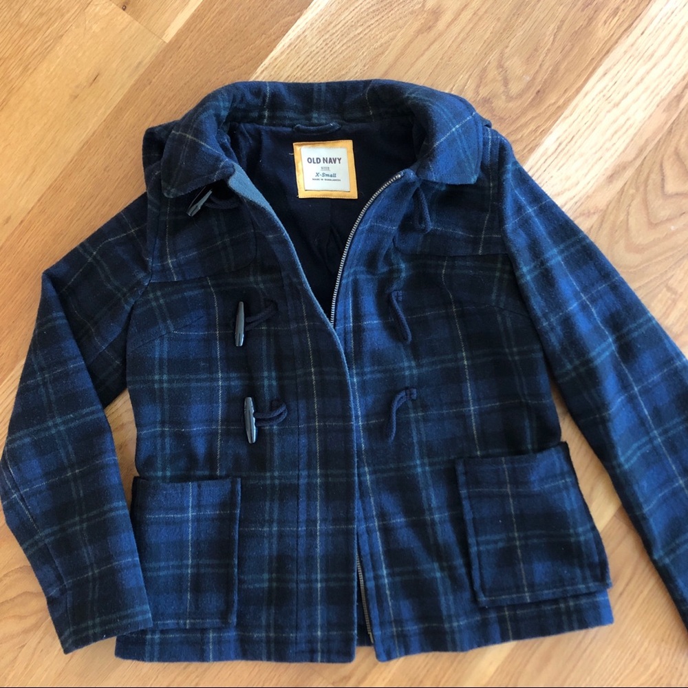 Old Navy Peacock Plaid Coat with Hood XS